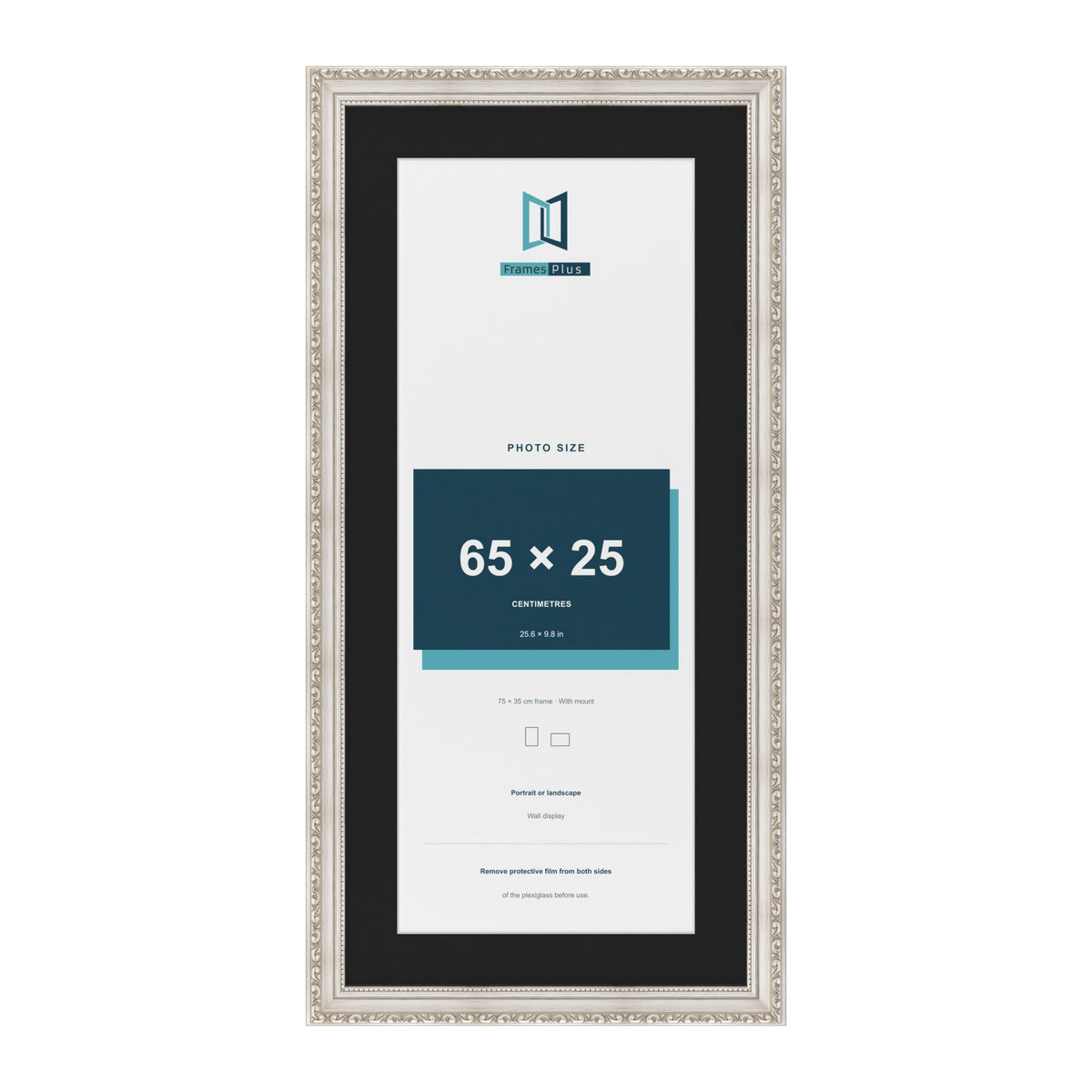 Louis Silver 75 x 35 cm picture frame with a black mount for a 65 x 25 cm photo