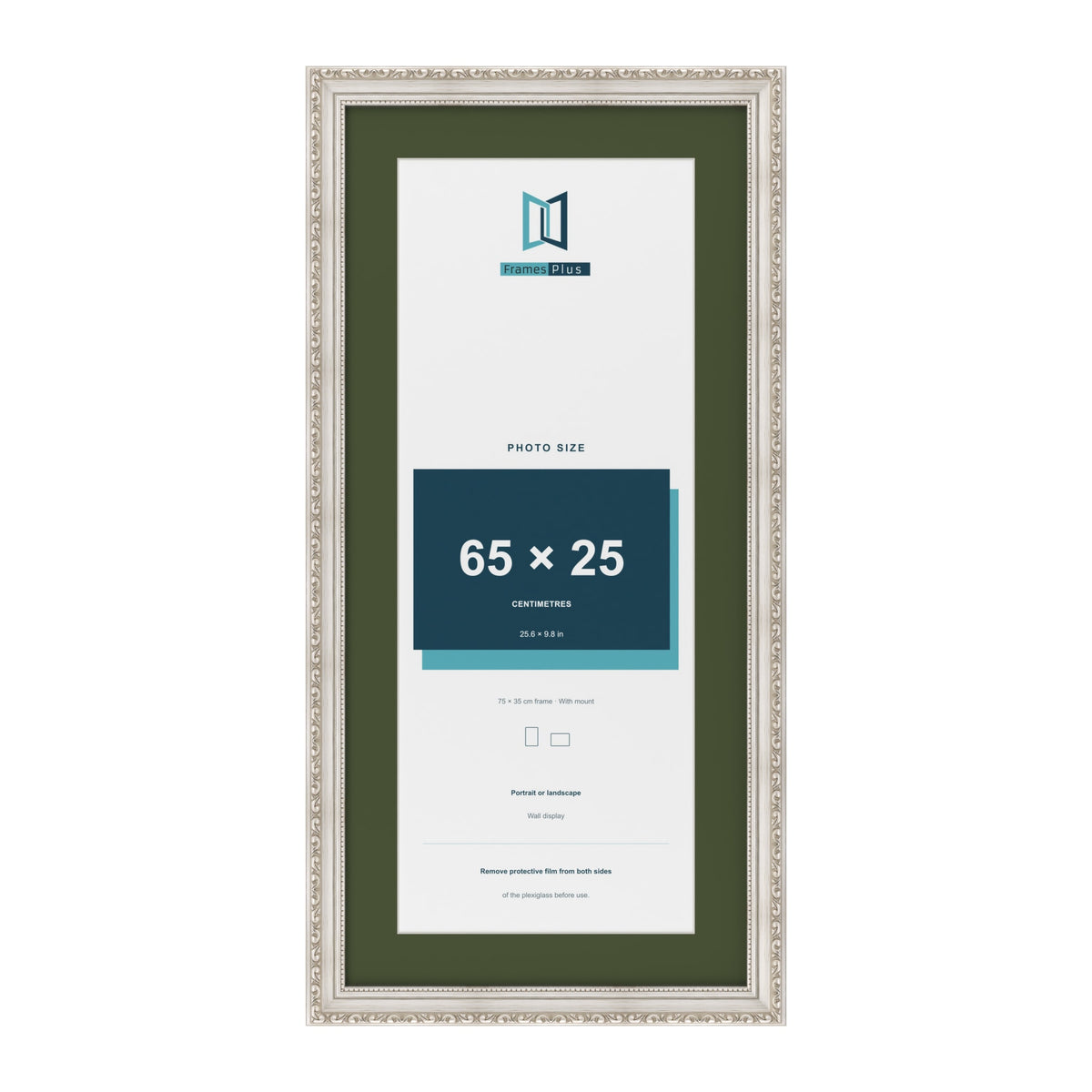 Louis Silver 75 x 35 cm picture frame with a green mount for a 65 x 25 cm photo