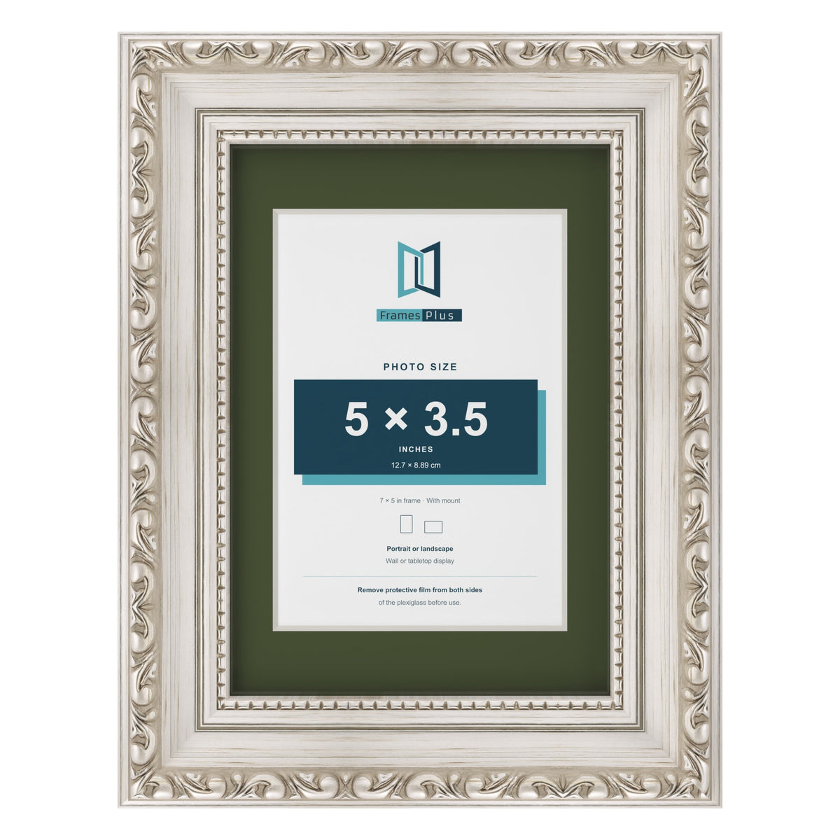 Louis Silver 7 x 5 inch picture frame with a green mount for a 5 x 3.5 inch photo