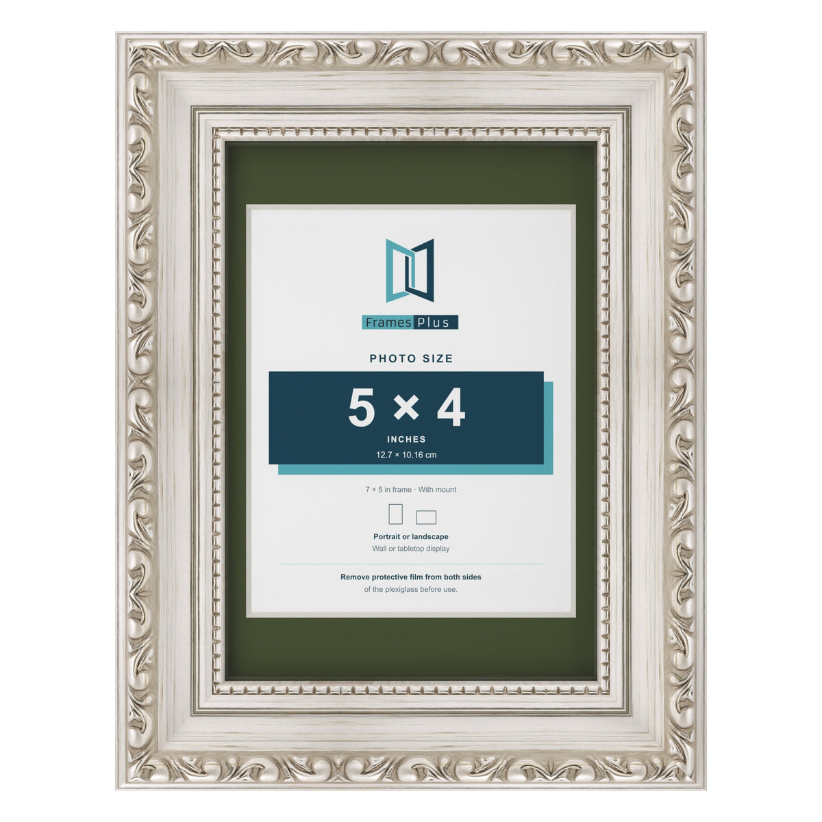Louis Silver 7 x 5 inch picture frame with a green mount for a 5 x 4 inch photo