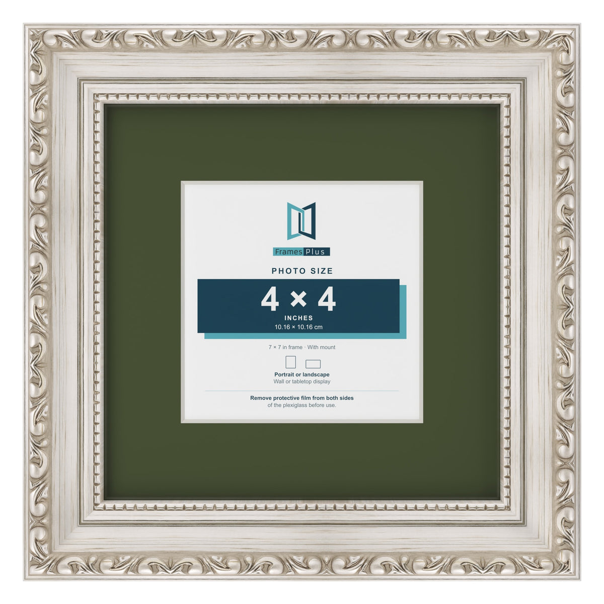 Louis Silver 7 x 7 inch picture frame with a green mount for a 4 x 4 inch photo