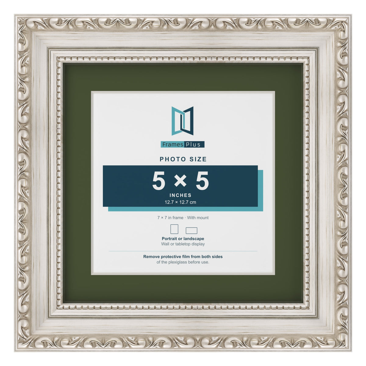 Louis Silver 7 x 7 inch picture frame with a green mount for a 5 x 5 inch photo