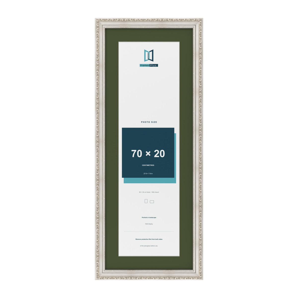 Louis Silver 80 x 30 cm picture frame with a green mount for a 70 x 20 cm photo