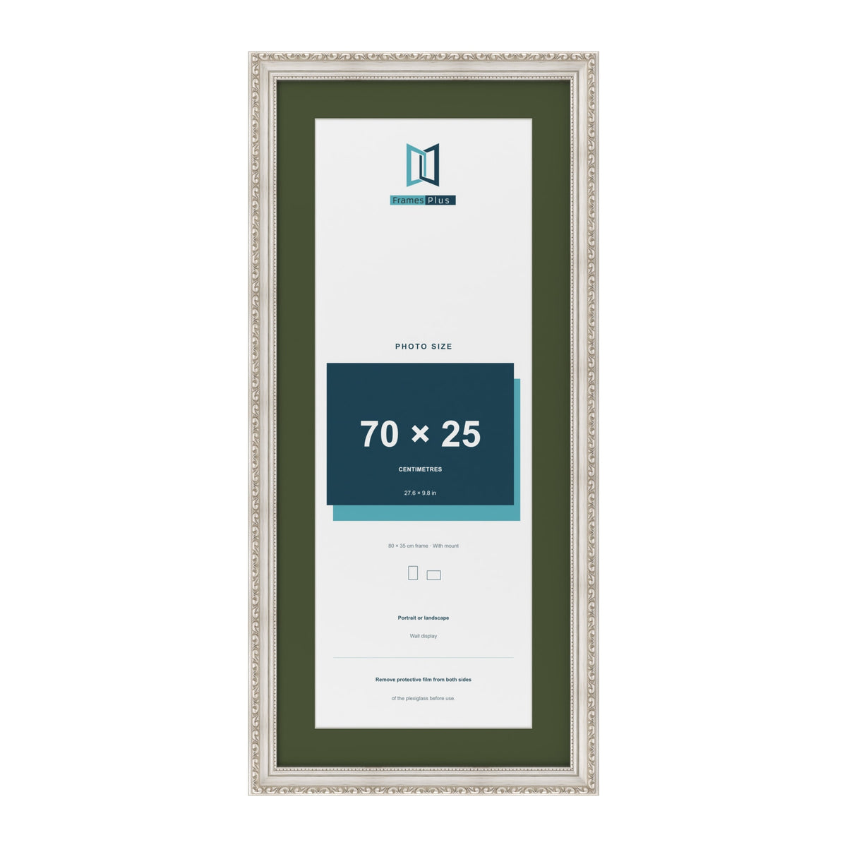 Louis Silver 80 x 35 cm picture frame with a green mount for a 70 x 25 cm photo