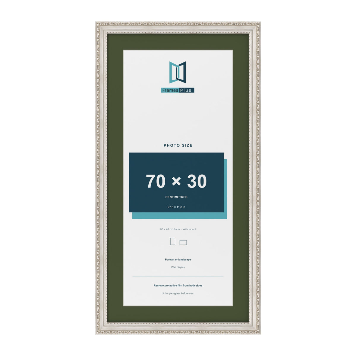Louis Silver 80 x 40 cm picture frame with a green mount for a 70 x 30 cm photo