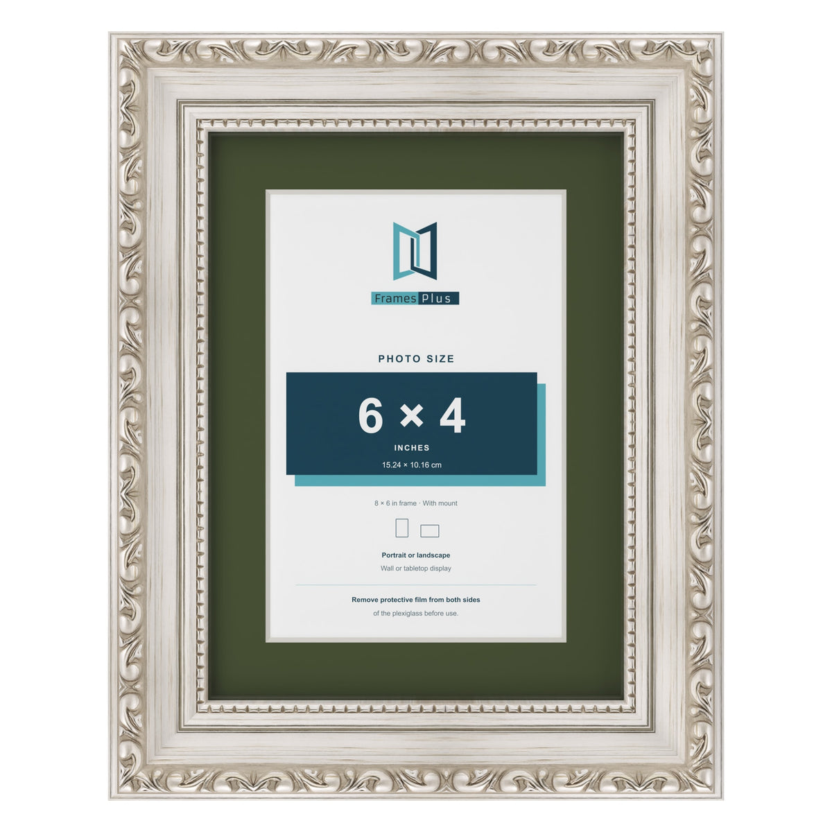 Louis Silver 8 x 6 inch picture frame with a green mount for a 6 x 4 inch photo