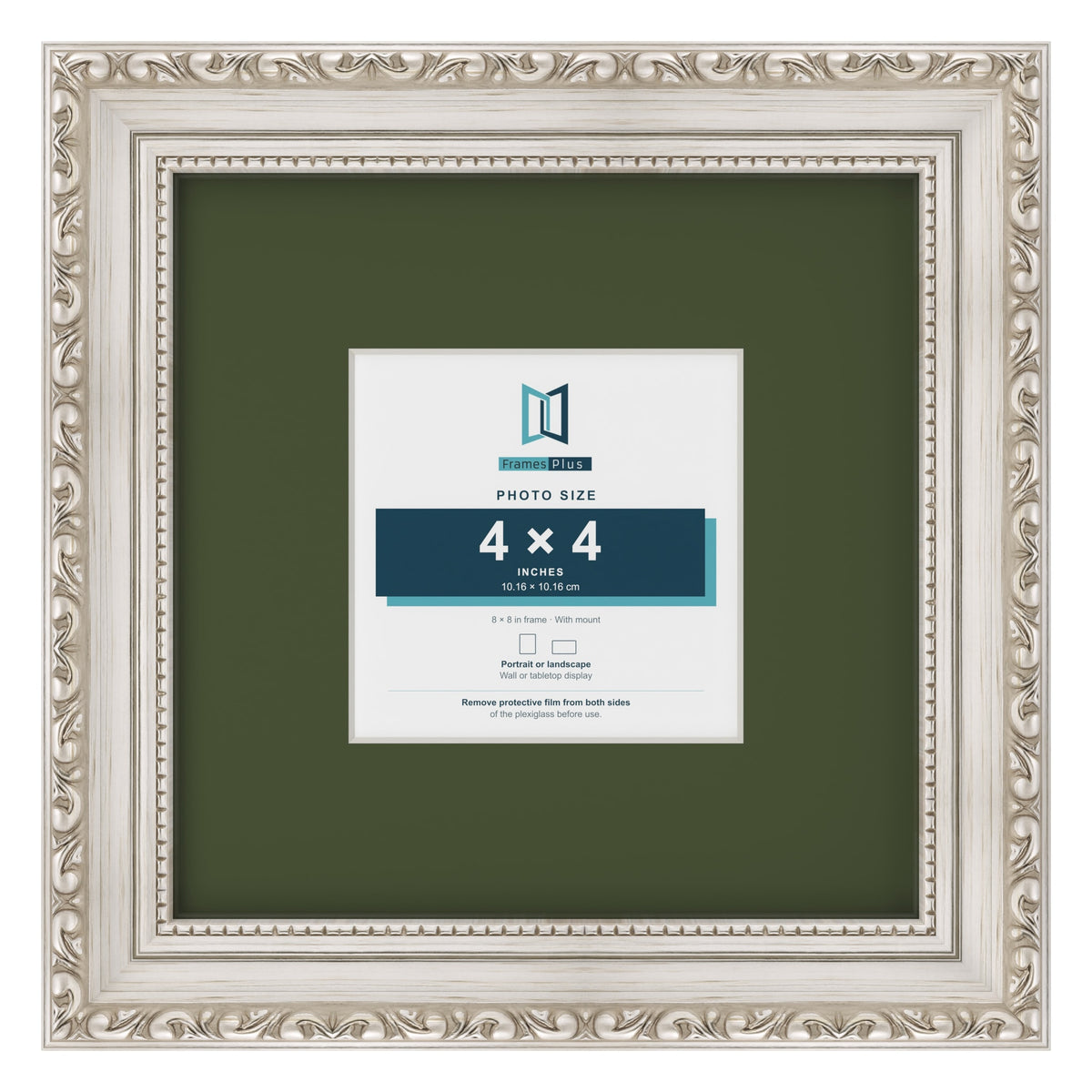 Louis Silver 8 x 8 inch picture frame with a green mount for a 4 x 4 inch photo