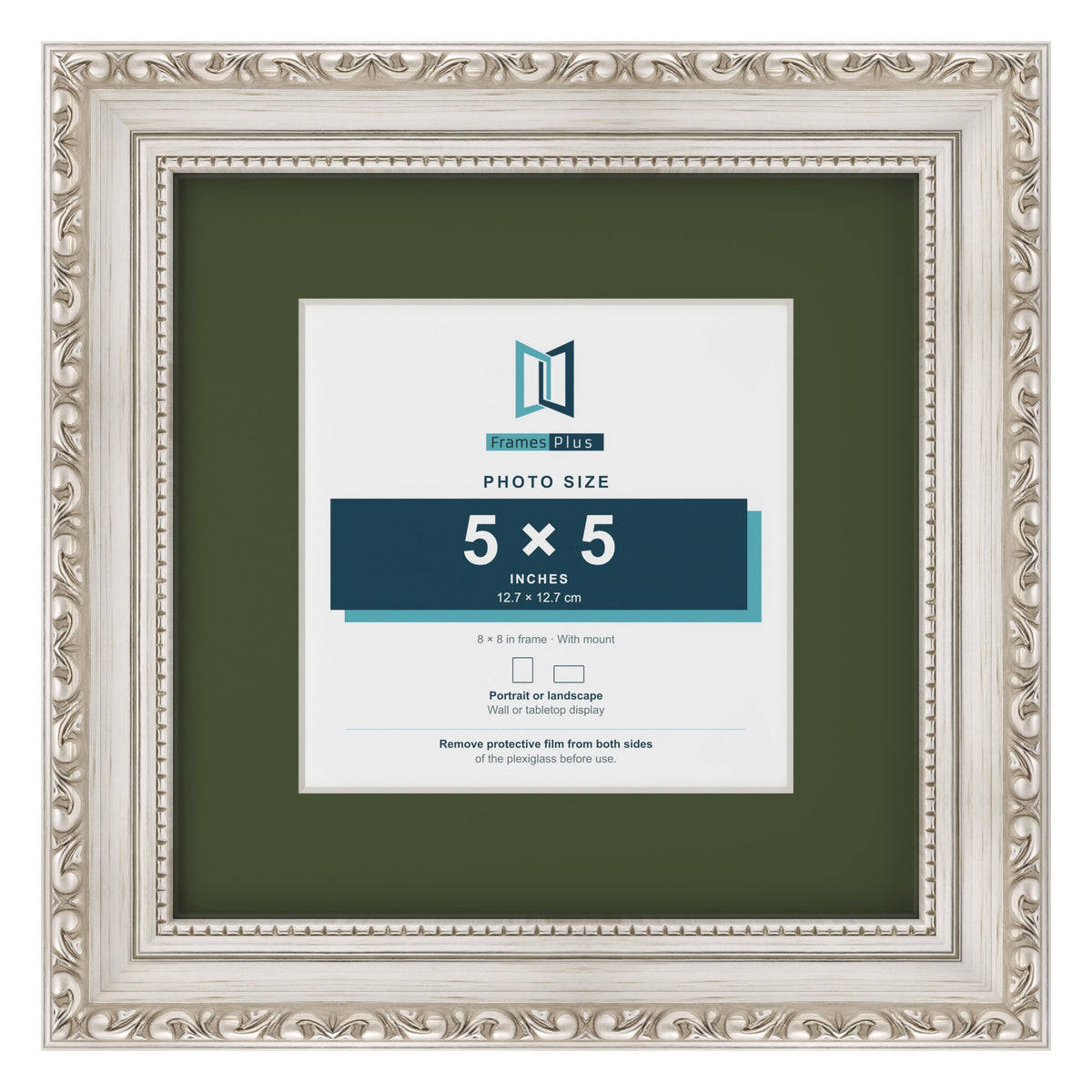Louis Silver 8 x 8 inch picture frame with a green mount for a 5 x 5 inch photo