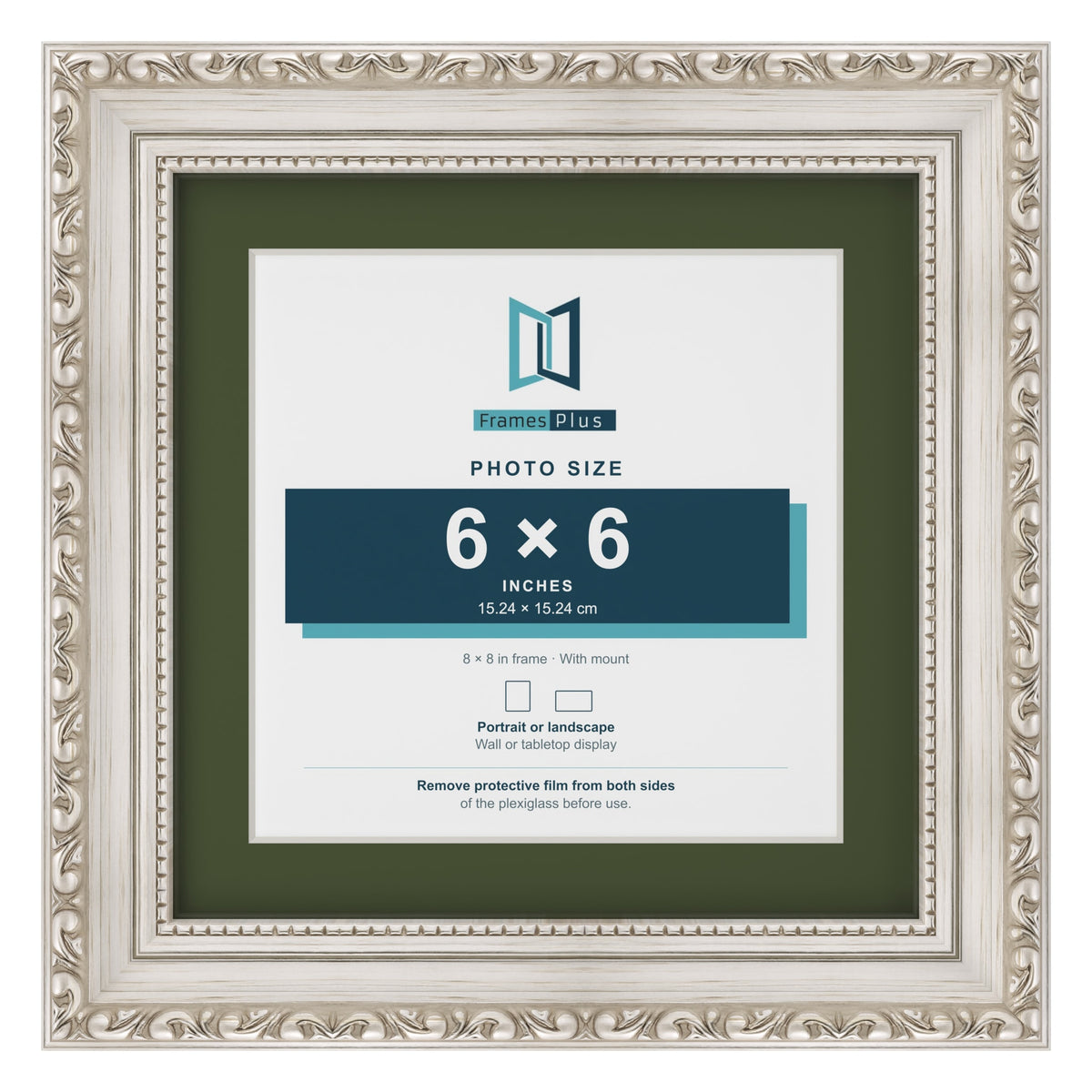 Louis Silver 8 x 8 inch picture frame with a green mount for a 6 x 6 inch photo
