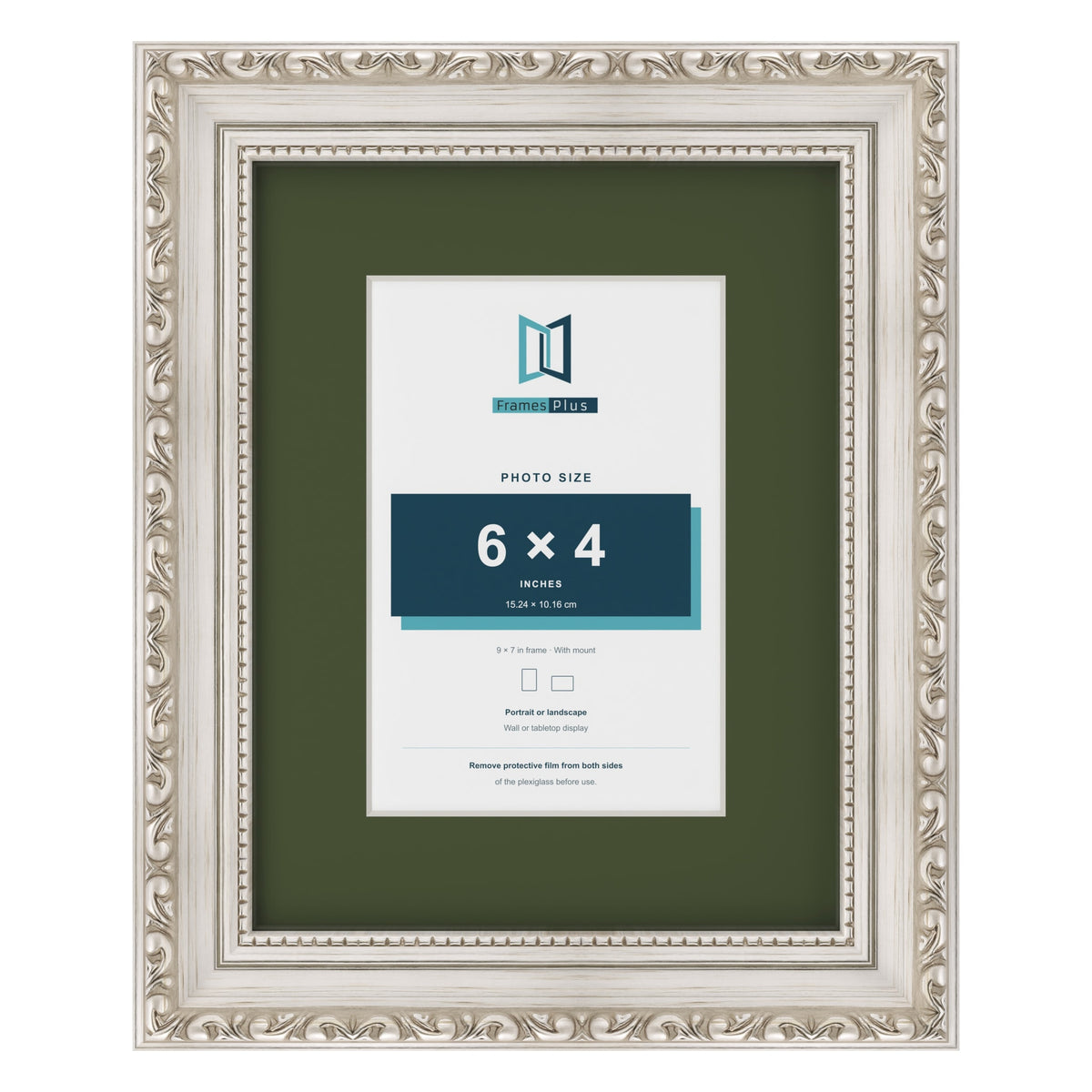Louis Silver 9 x 7 inch picture frame with a green mount for a 6 x 4 inch photo