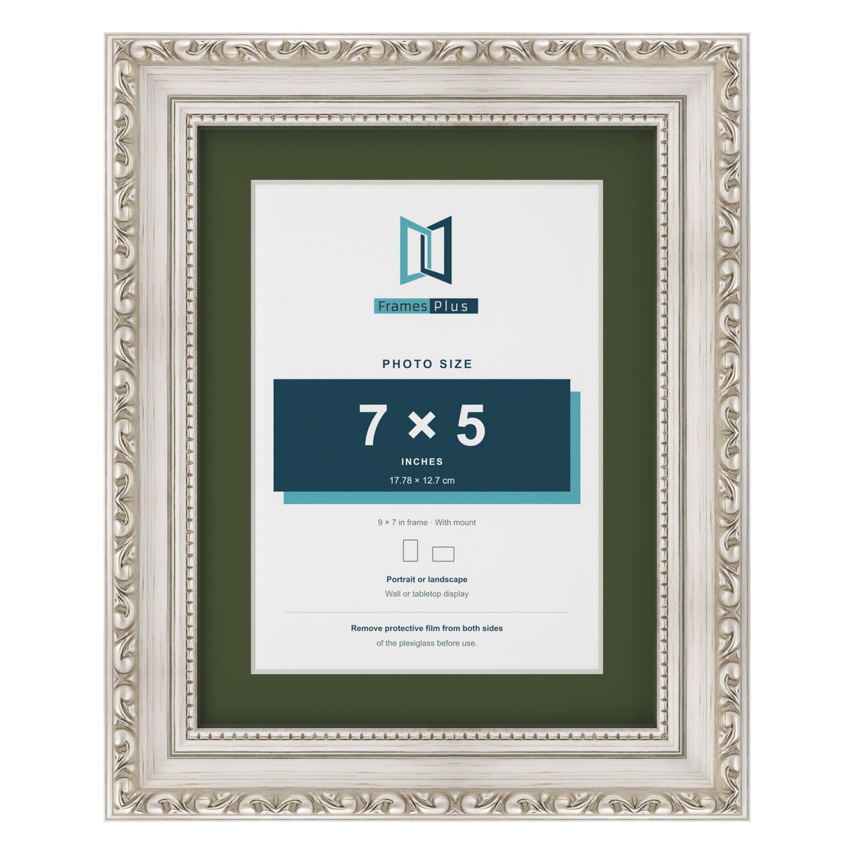 Louis Silver 9 x 7 inch picture frame with a green mount for a 7 x 5 inch photo