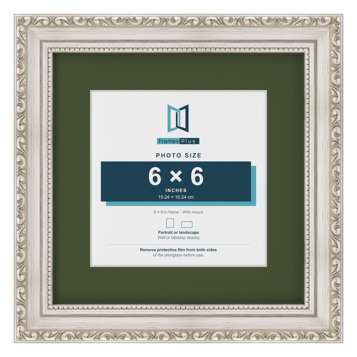 Louis Silver 9 x 9 inch picture frame with a green mount for a 6 x 6 inch photo