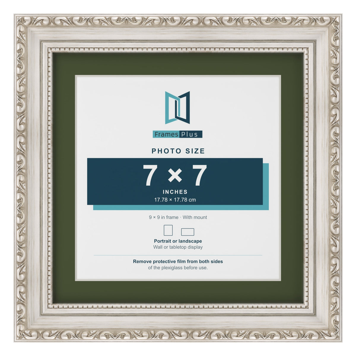Louis Silver 9 x 9 inch picture frame with a green mount for a 7 x 7 inch photo