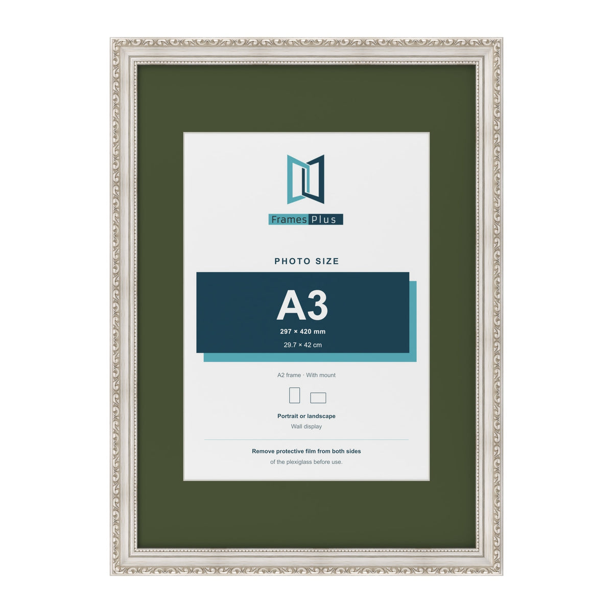 Louis Silver A2 picture frame with a green mount for an A3 photo