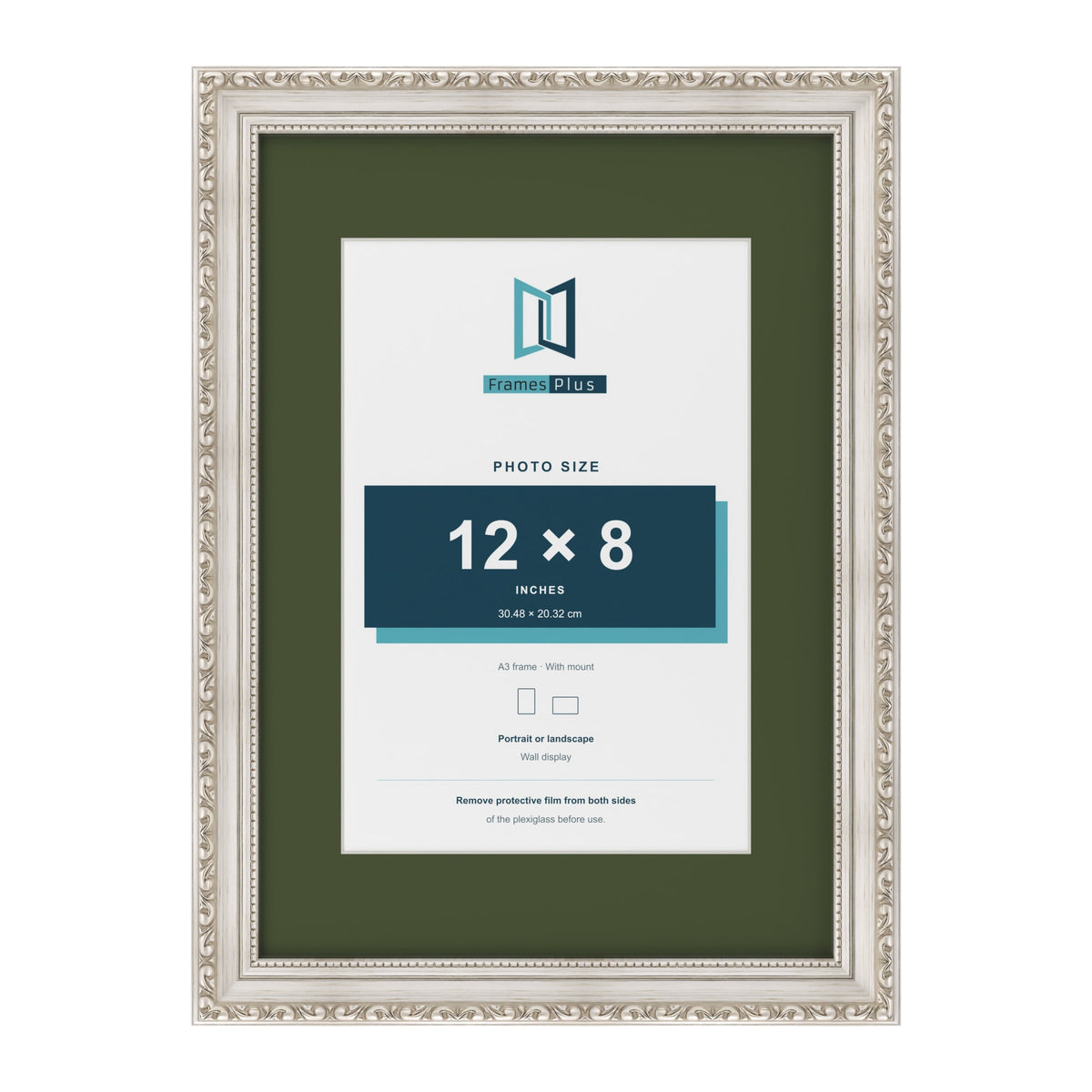 Louis Silver A3 picture frame with a green mount for a 12 x 8 inch photo
