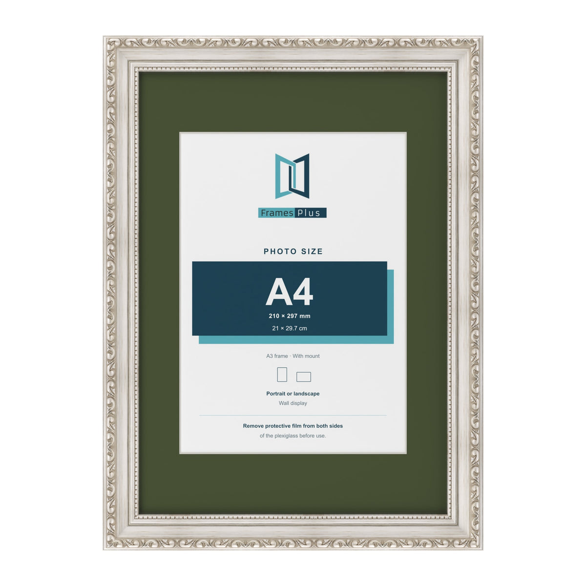 Louis Silver A3 picture frame with a green mount for an A4 photo