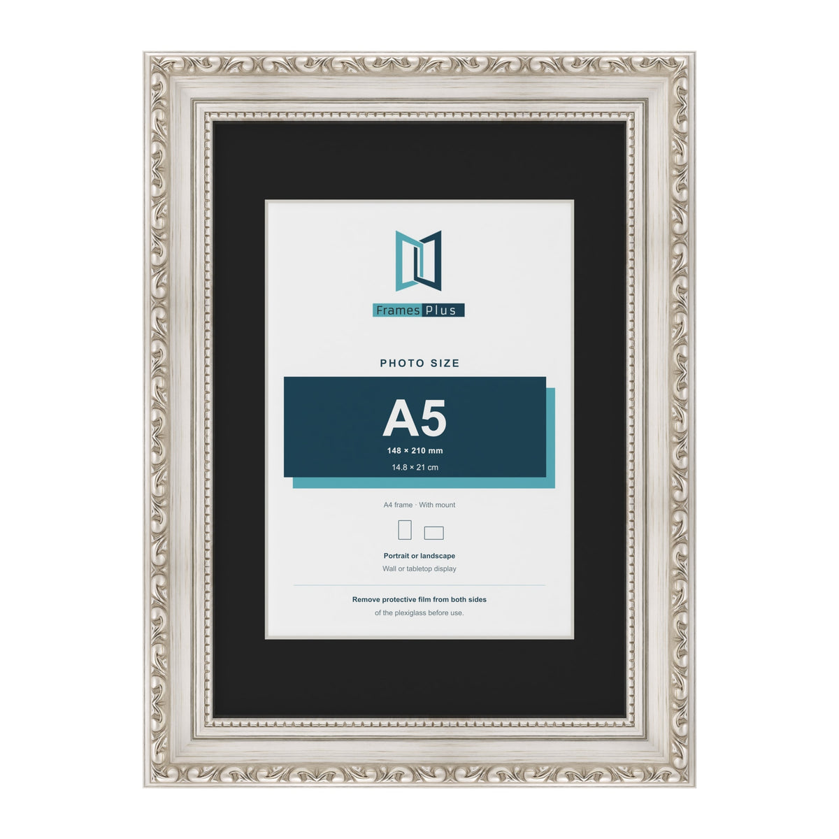 Louis Silver A4 picture frame with a black mount for an A5 photo