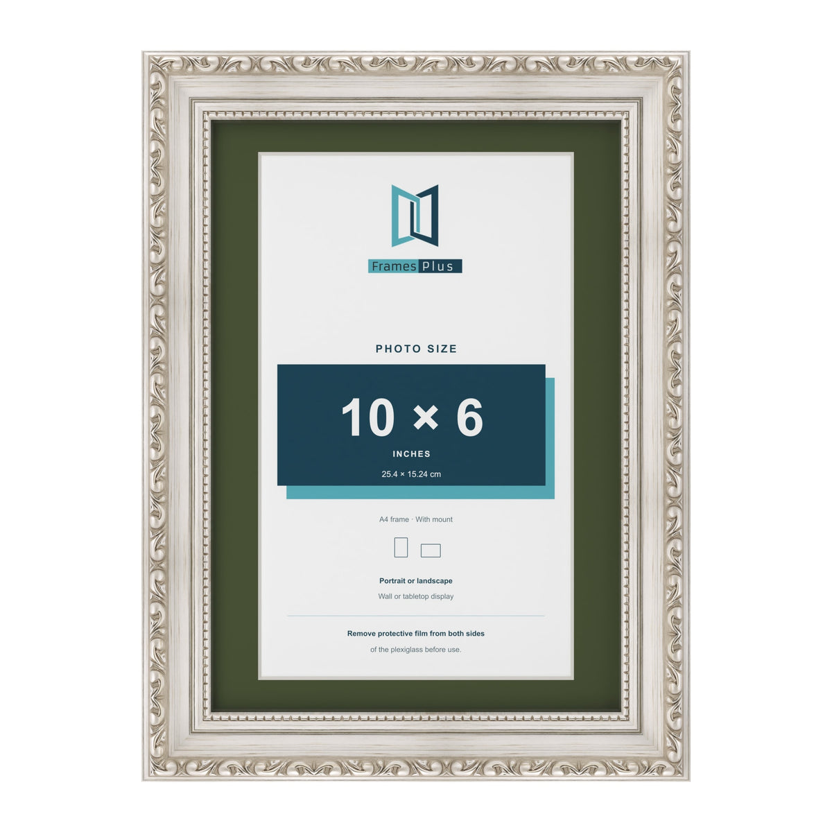 Louis Silver A4 picture frame with a green mount for a 10 x 6 inch photo
