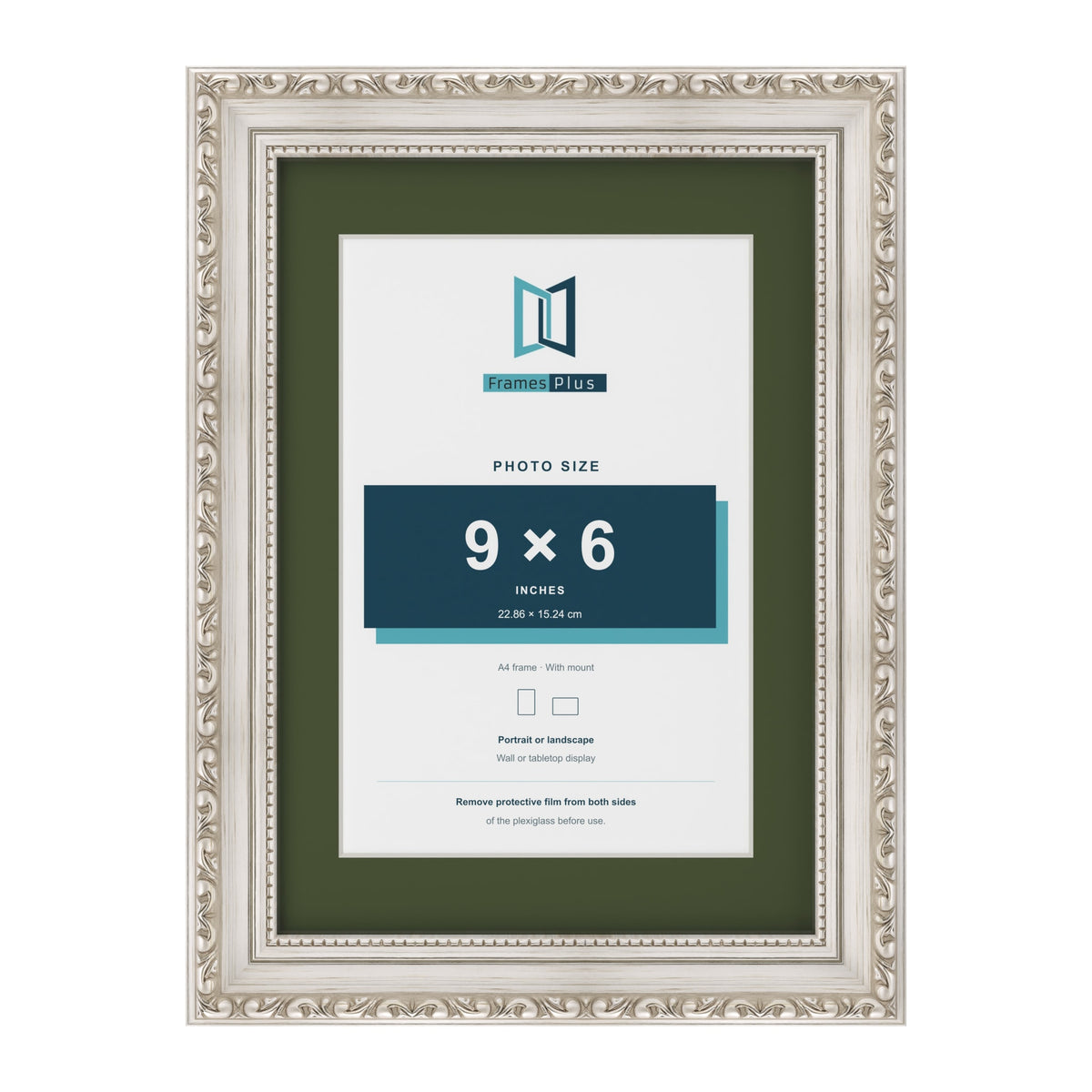 Louis Silver A4 picture frame with a green mount for a 9 x 6 inch photo