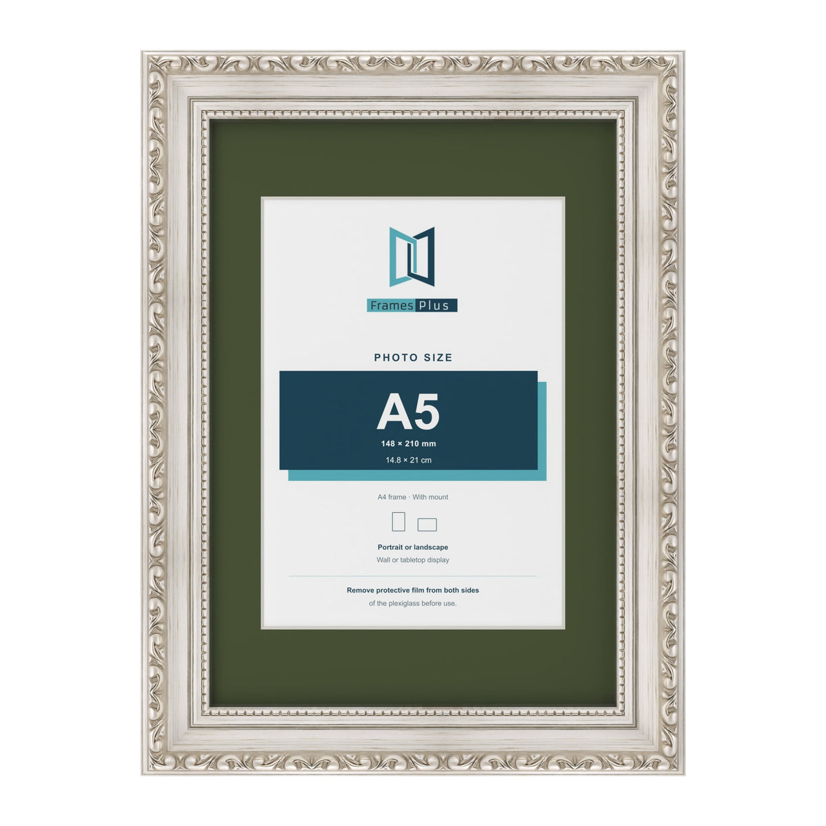 Louis Silver A4 picture frame with a green mount for an A5 photo