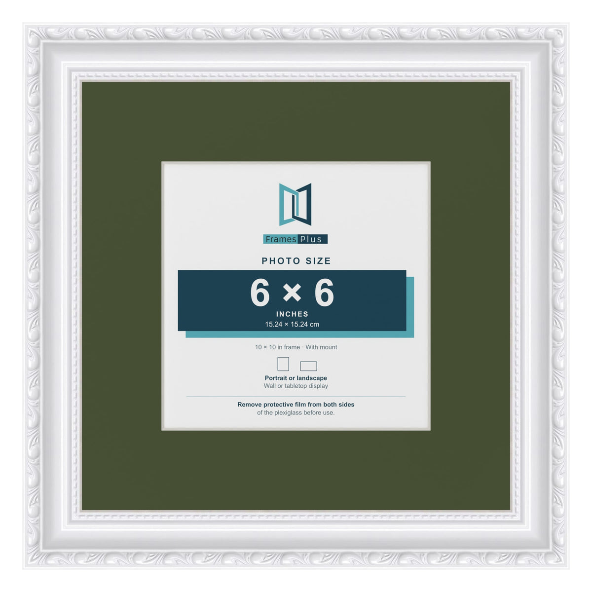 Louis White 10 x 10 inch picture frame with a green mount for a 6 x 6 inch photo