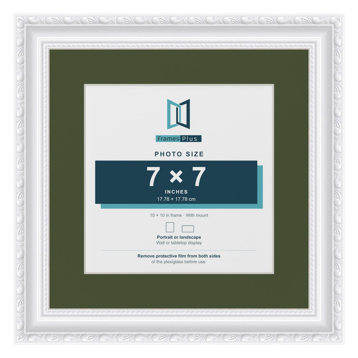 Louis White 10 x 10 inch picture frame with a green mount for a 7 x 7 inch photo