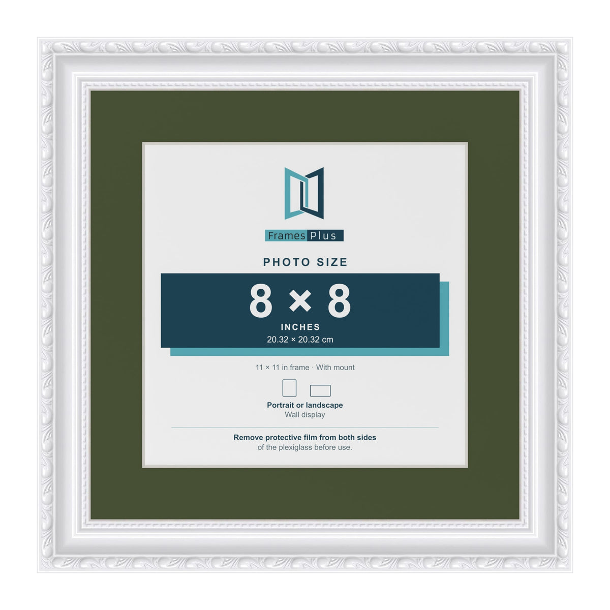 Louis White 11 x 11 inch picture frame with a green mount for an 8 x 8 inch photo