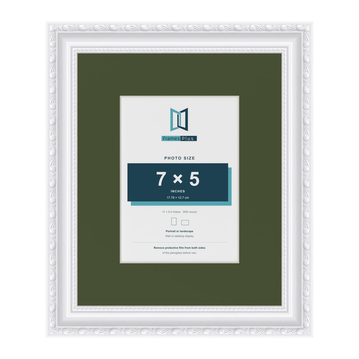 Louis White 11 x 9 inch picture frame with a green mount for a 7 x 5 inch photo
