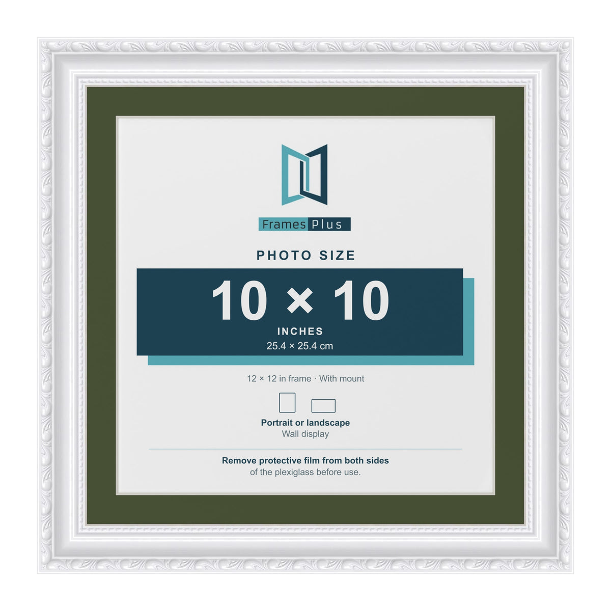 Louis White 12 x 12 inch picture frame with a green mount for a 10 x 10 inch photo