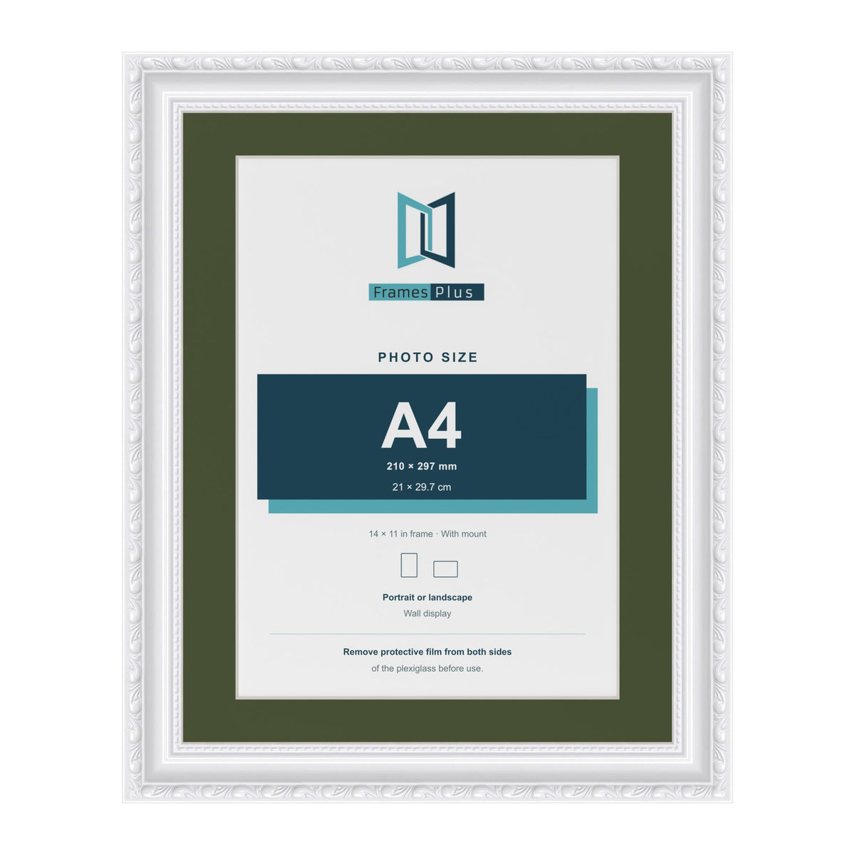 Louis White 14 x 11 inch picture frame with a green mount for an A4 photo