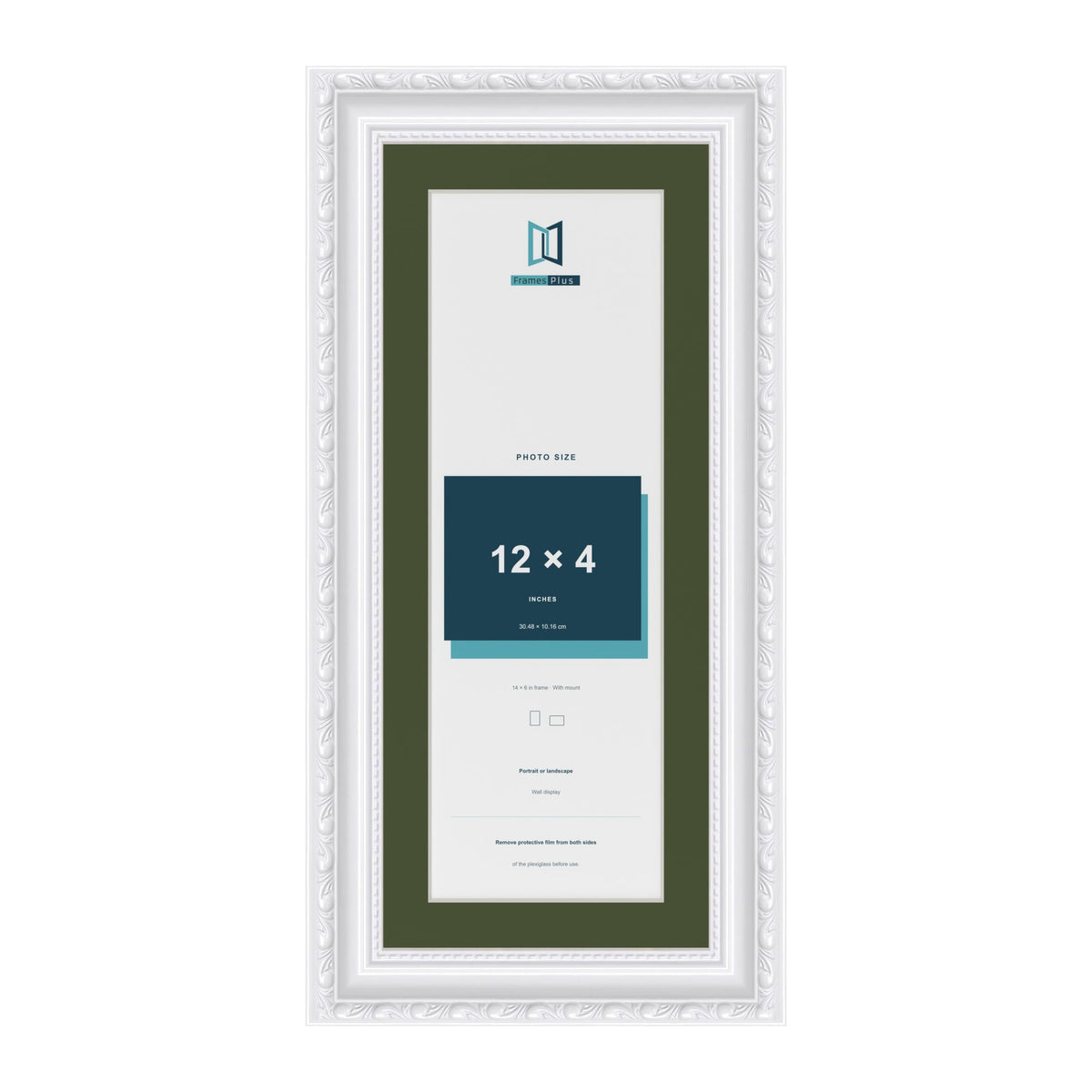Louis White 14 x 6 inch picture frame with a green mount for a 12 x 4 inch photo