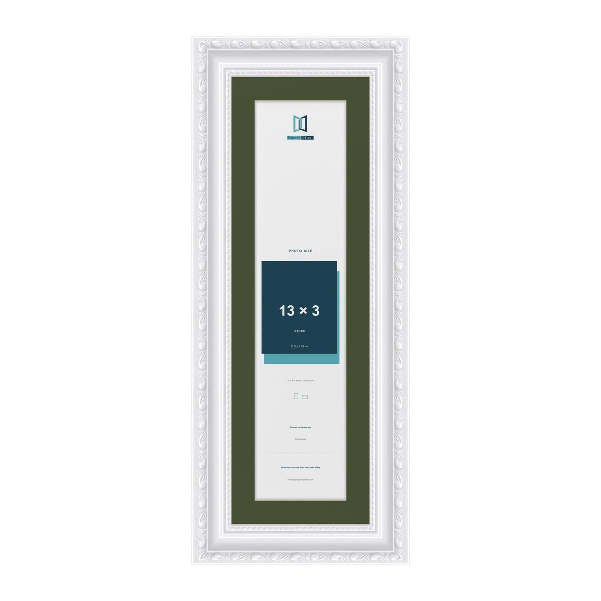 Louis White 15 x 5 inch picture frame with a green mount for a 13 x 3 inch photo