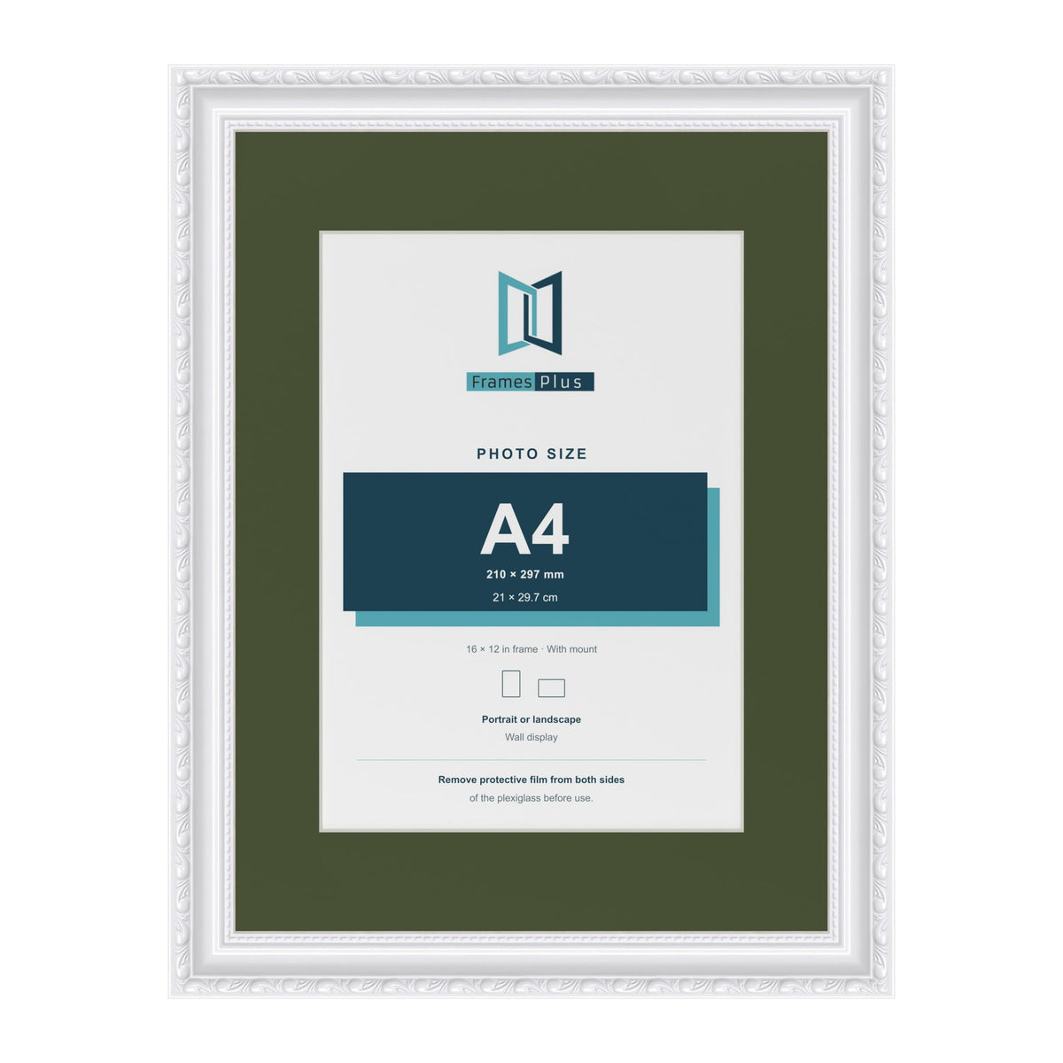 Louis White 16 x 12 inch picture frame with a green mount for an A4 photo