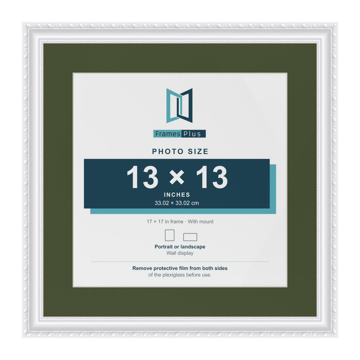 Louis White 17 x 17 inch picture frame with a green mount for a 13 x 13 inch photo
