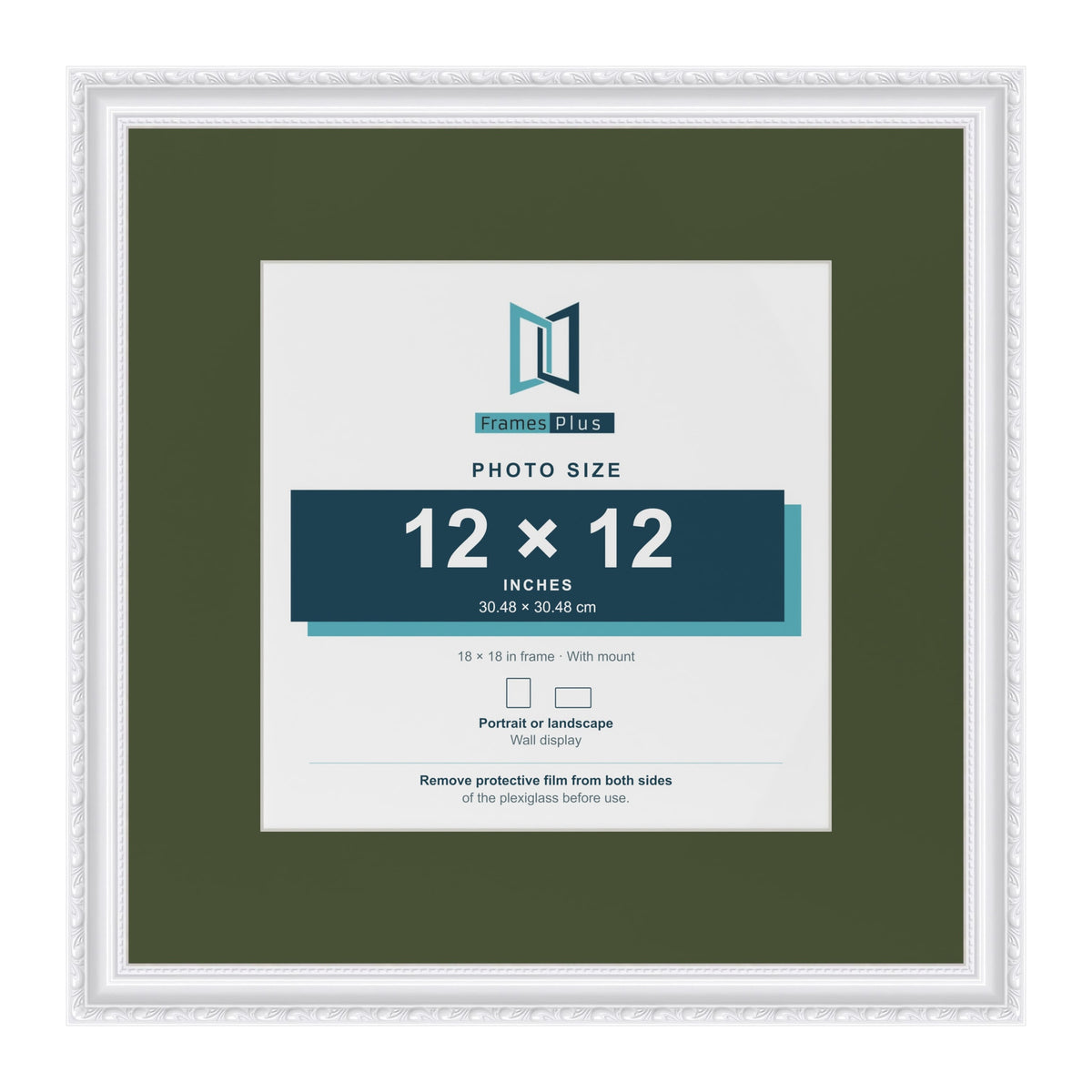 Louis White 18 x 18 inch picture frame with a green mount for a 12 x 12 inch photo
