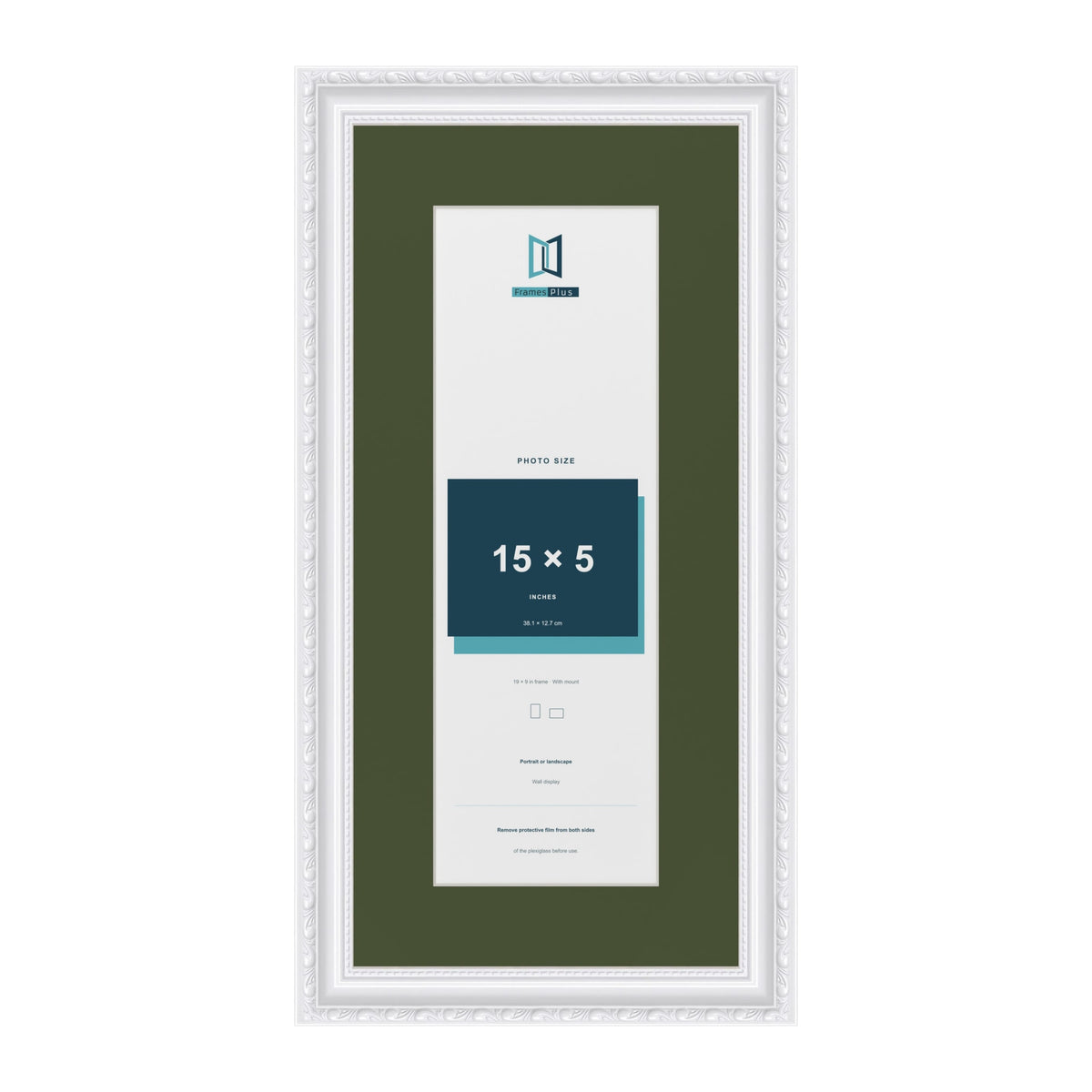 Louis White 19 x 9 inch picture frame with a green mount for a 15 x 5 inch photo