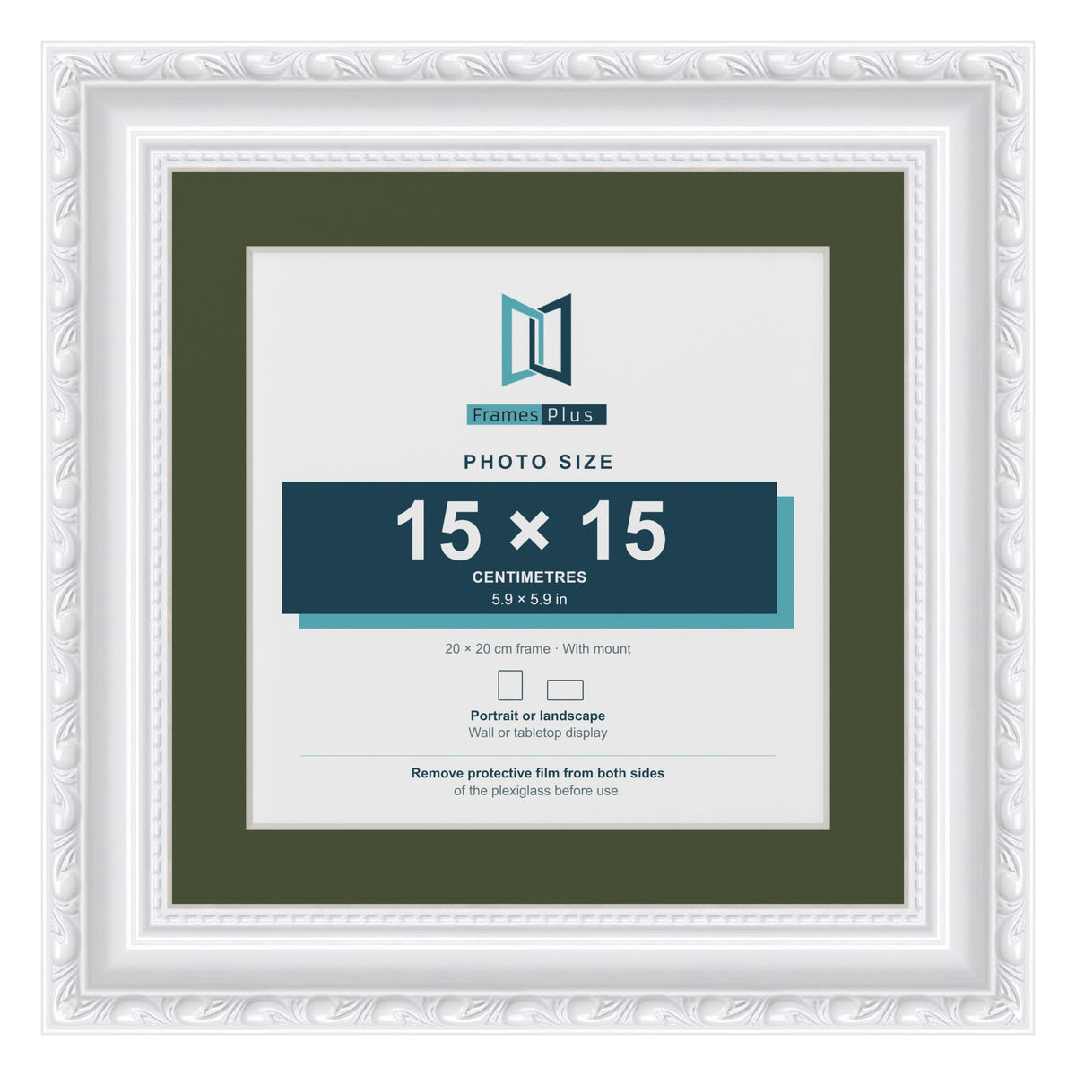Louis White 20 x 20 cm picture frame with a green mount for a 15 x 15 cm photo
