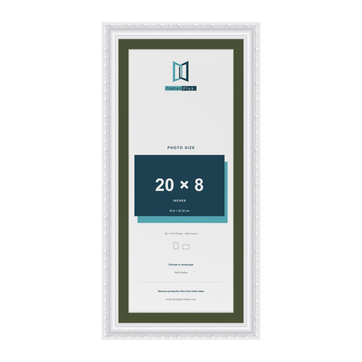 Louis White 22 x 10 inch picture frame with a green mount for a 20 x 8 inch photo