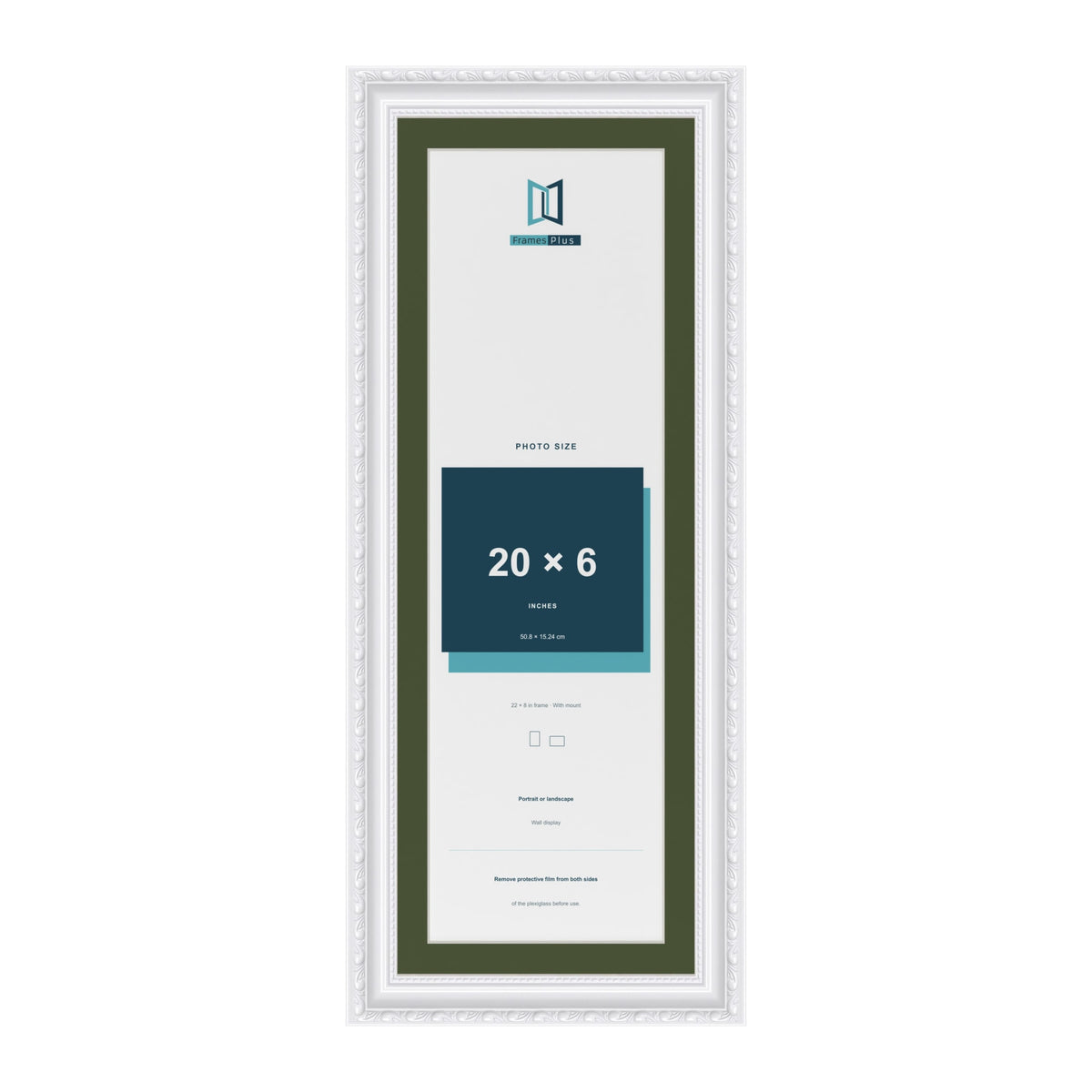 Louis White 22 x 8 inch picture frame with a green mount for a 20 x 6 inch photo