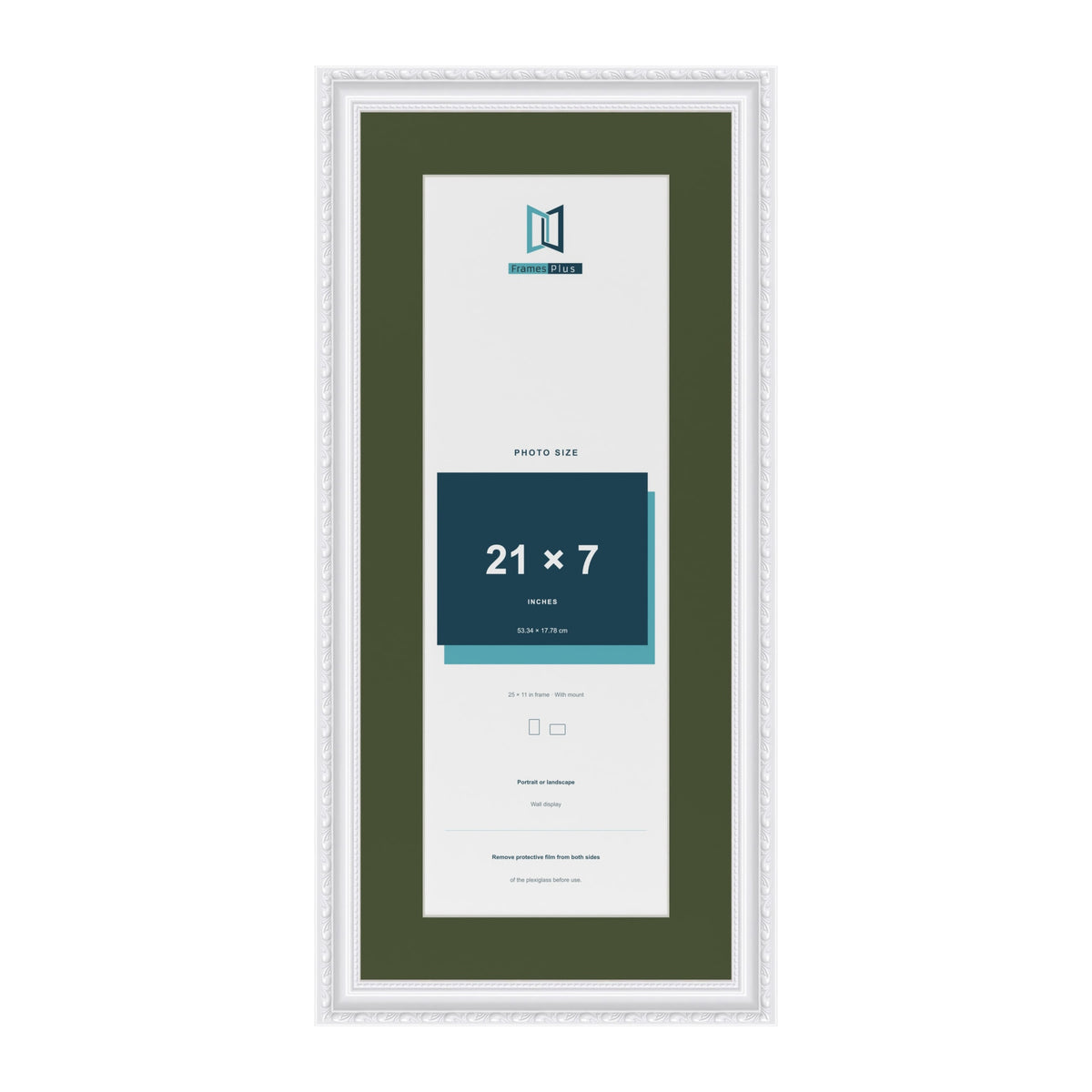 Louis White 25 x 11 inch picture frame with a green mount for a 21 x 7 inch photo