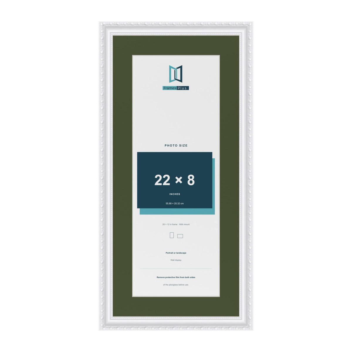 Louis White 26 x 12 inch picture frame with a green mount for a 22 x 8 inch photo