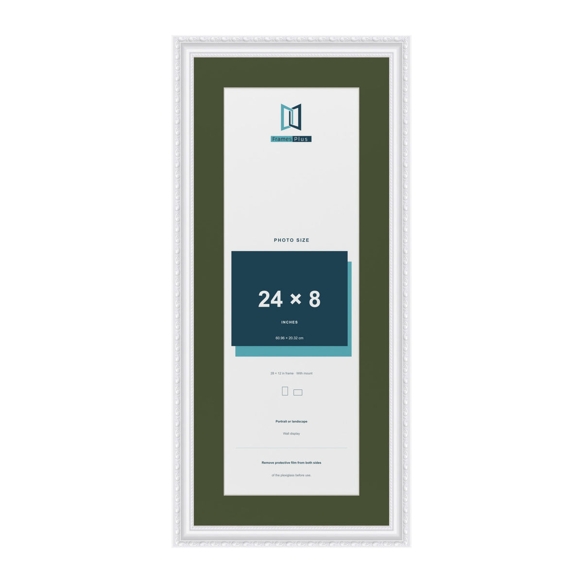 Louis White 28 x 12 inch picture frame with a green mount for a 24 x 8 inch photo