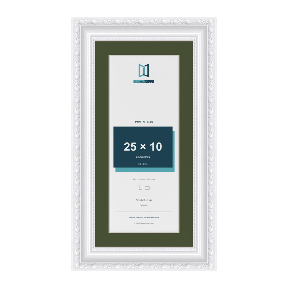 Louis White 30 x 15 cm picture frame with a green mount for a 25 x 10 cm photo