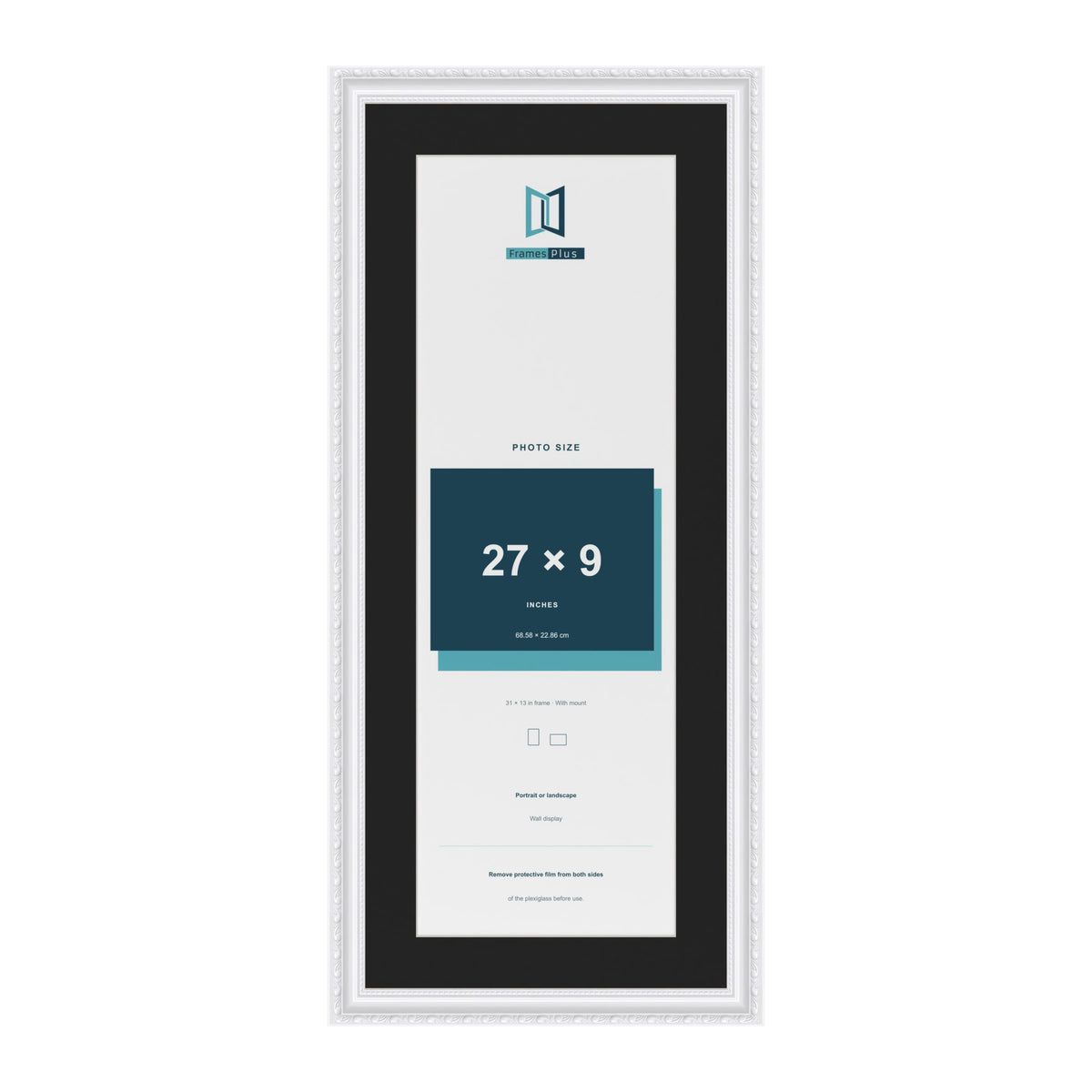 Louis White 31 x 13 inch picture frame with a black mount for a 27 x 9 inch photo