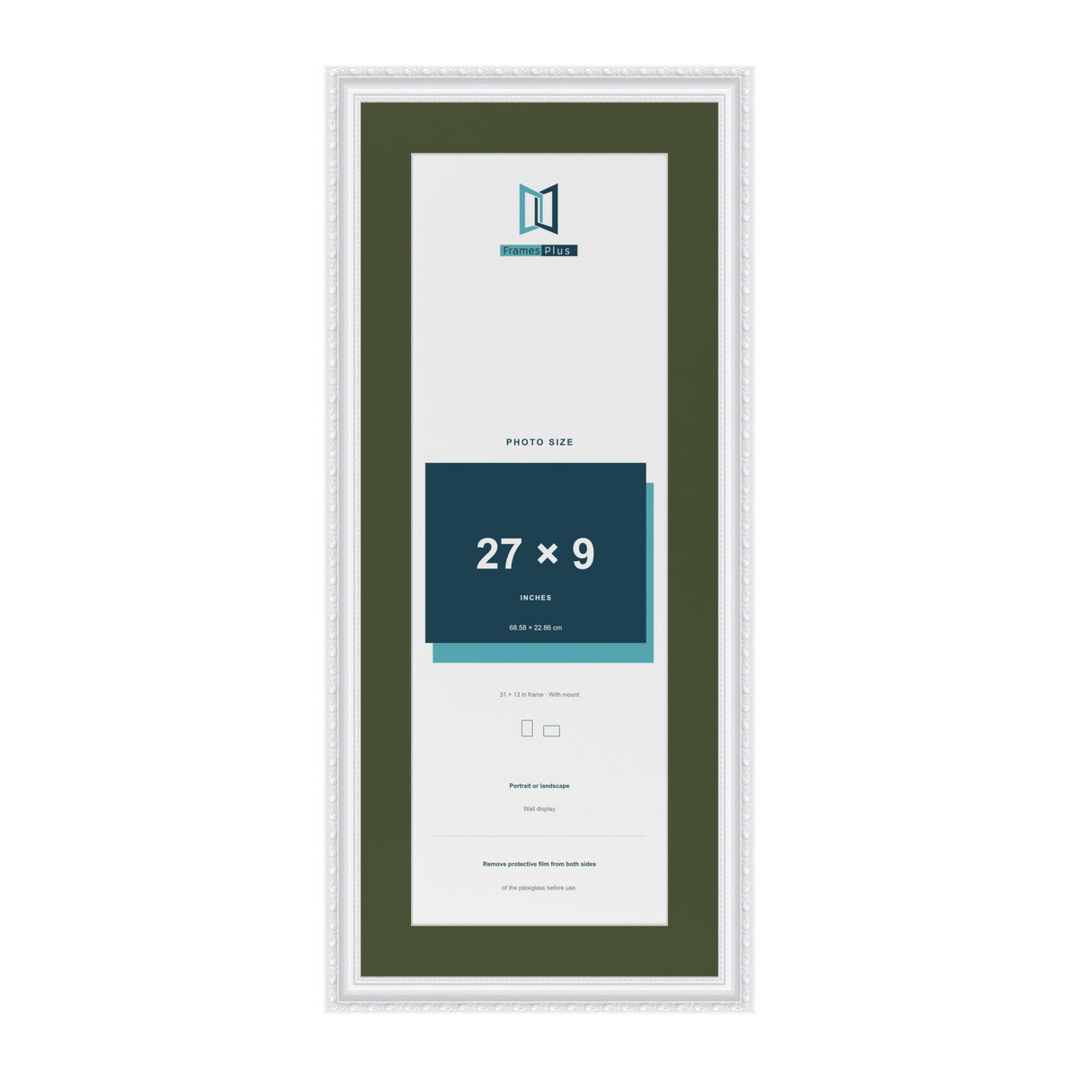 Louis White 31 x 13 inch picture frame with a green mount for a 27 x 9 inch photo