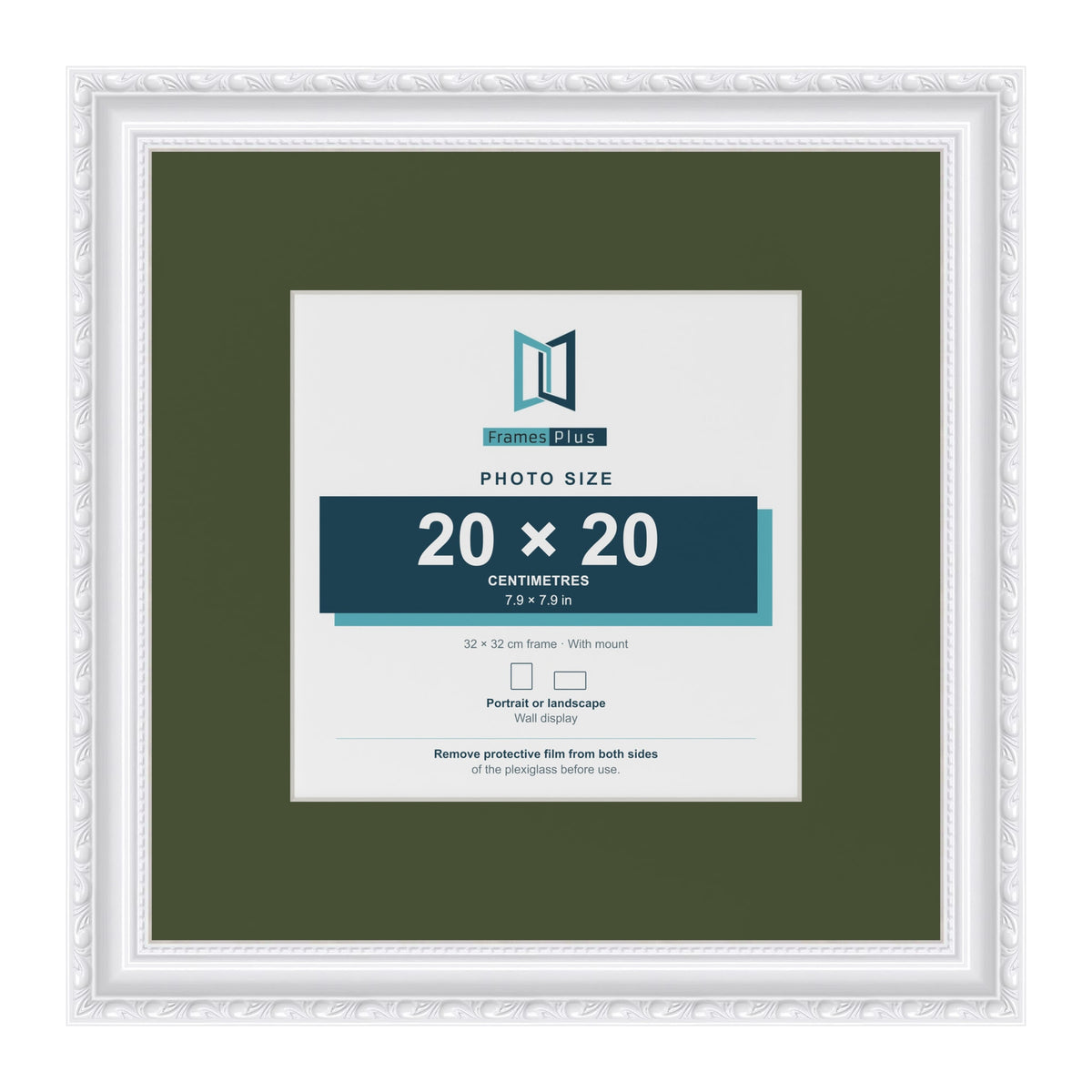Louis White 32 x 32 cm picture frame with a green mount for a 20 x 20 cm photo