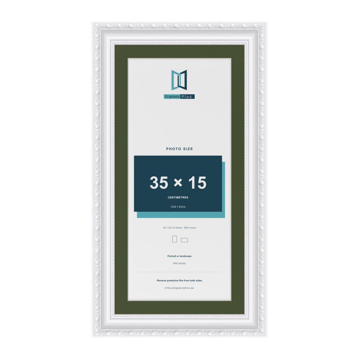 Louis White 40 x 20 cm picture frame with a green mount for a 35 x 15 cm photo