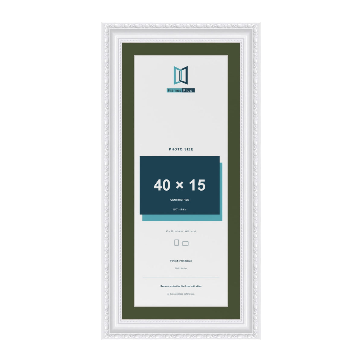 Louis White 45 x 20 cm picture frame with a green mount for a 40 x 15 cm photo