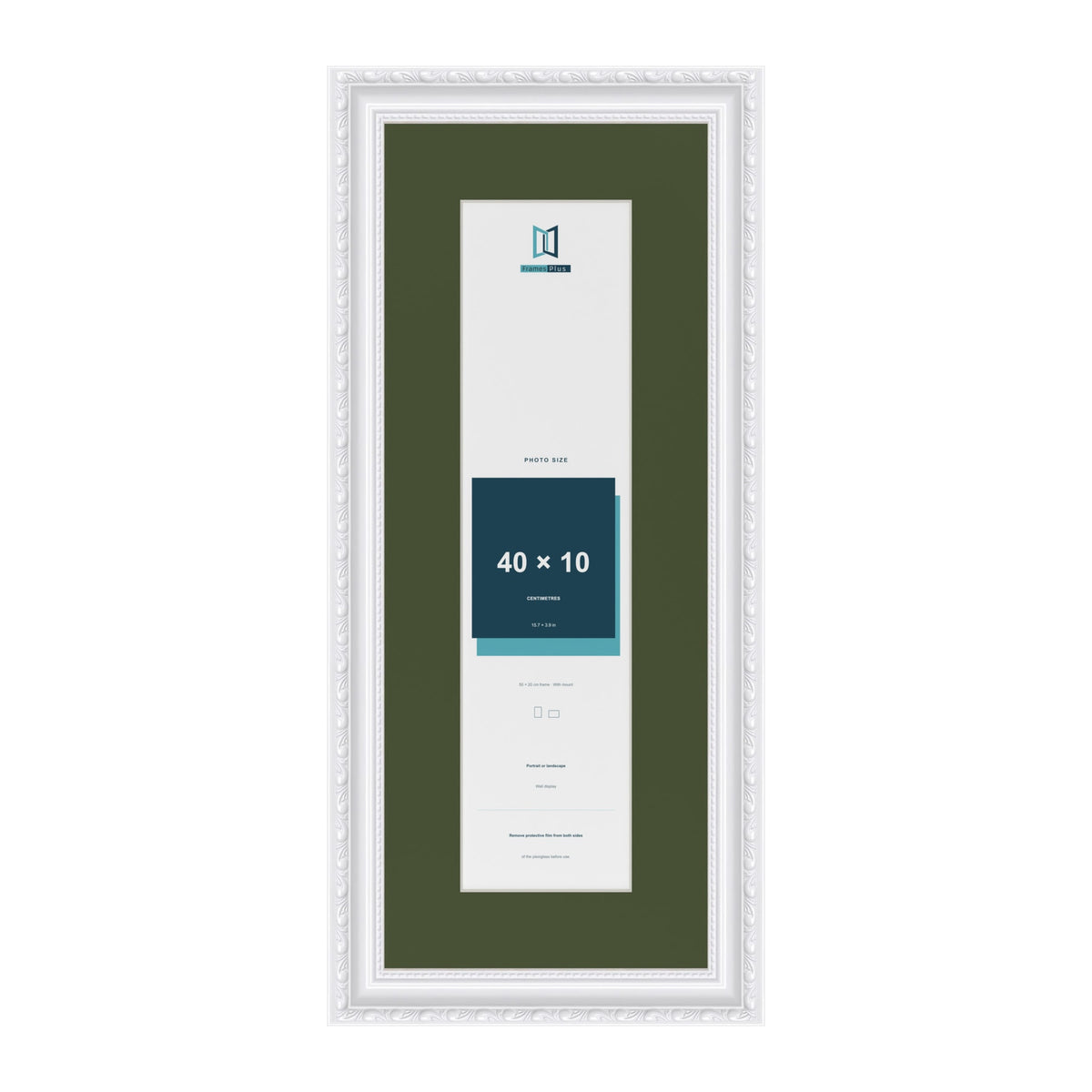 Louis White 50 x 20 cm picture frame with a green mount for a 40 x 10 cm photo