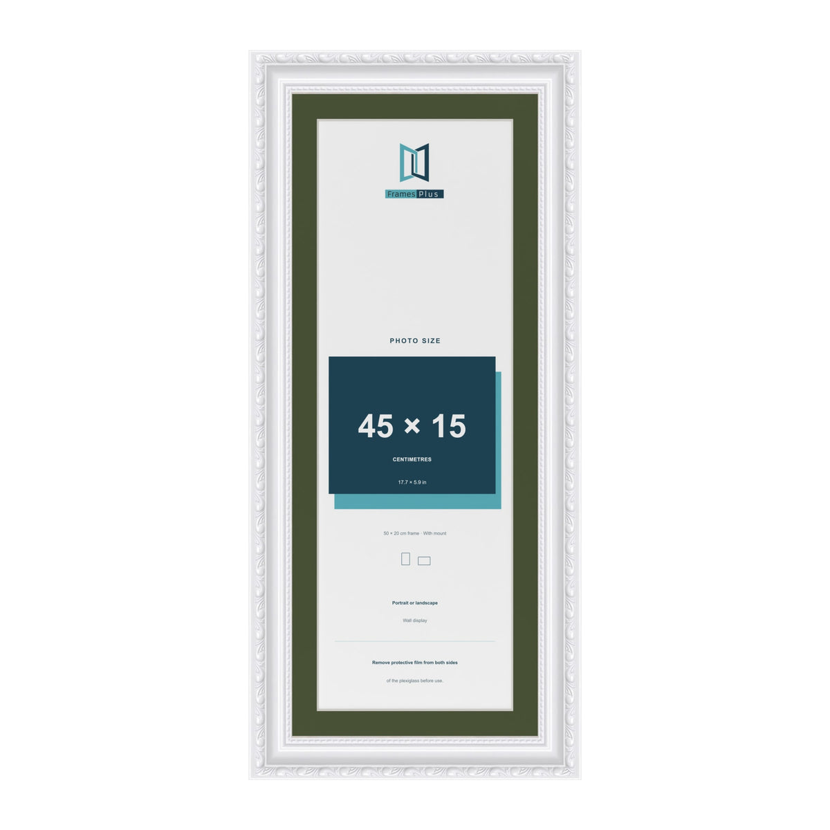 Louis White 50 x 20 cm picture frame with a green mount for a 45 x 15 cm photo